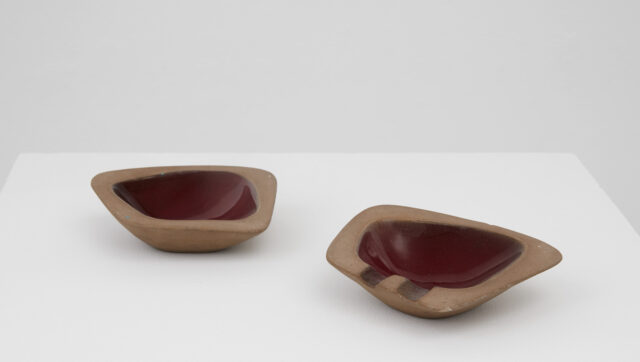 Left: Minnie Negoro, bowl, ceramic, glaze, 6” x 4 ¼” x 1 ¼”
Right: Minnie Negoro, ashtray, ceramic, glaze,
6” x 4 ¼” x 1 ¼”