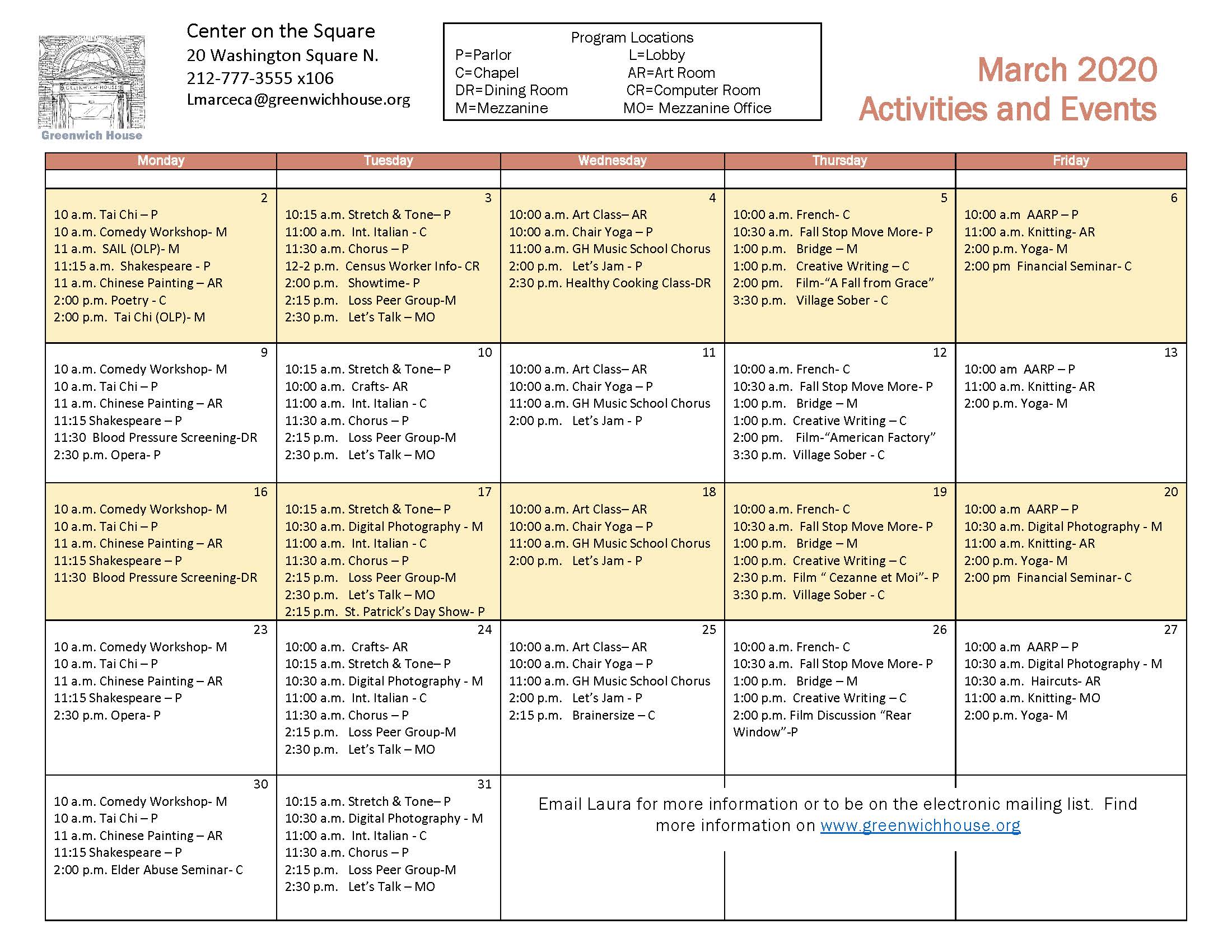 Senior Center Calendars Greenwich House